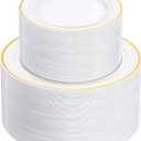 NOCCUR 200PCS Gold Plastic Plates - 100 Dinner / 100 Dessert Disposable Plates Heavy Duty - Ideal for Wedding/Party/New Year