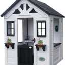 Backyard Discovery Sweetwater White Cedar Wooden Kids Playhouse Cottage with Play Kitchen, Snack Bar, Half Door, Toy Phone, Windows, Flowerpot Holders, Working Doorbell for Outdoor Imaginative Play