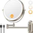 Auxmir 1X/30X Wall Mounted Lighted Makeup Mirror, 8" 3200 mAh Rechargeable Double-Sided Magnifying Mirror, Touch Dimmable 3 Color Lights, 360 Rotating Foldable 14.5" Extension Arm, Brushed Nickel