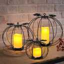Halloween Light Up Pumpkin Lantern, 3 Pcs Metal Black Pumpkin Candle Holders with Timer Flickering Yellow LED Candle Lights for Thanksgiving Halloween Harvest Fall Home Decor