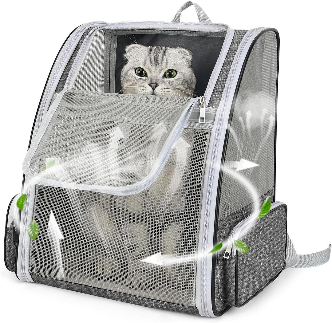 Cat Backpack Carrier Large Pet Backpack for Small Dog Medium Cat Puppy Kitten Bunny up to 15lbs, Ventilated Mesh Dog Collapsible Travel Backpack for Hiking Walking Outdoor (Grey)