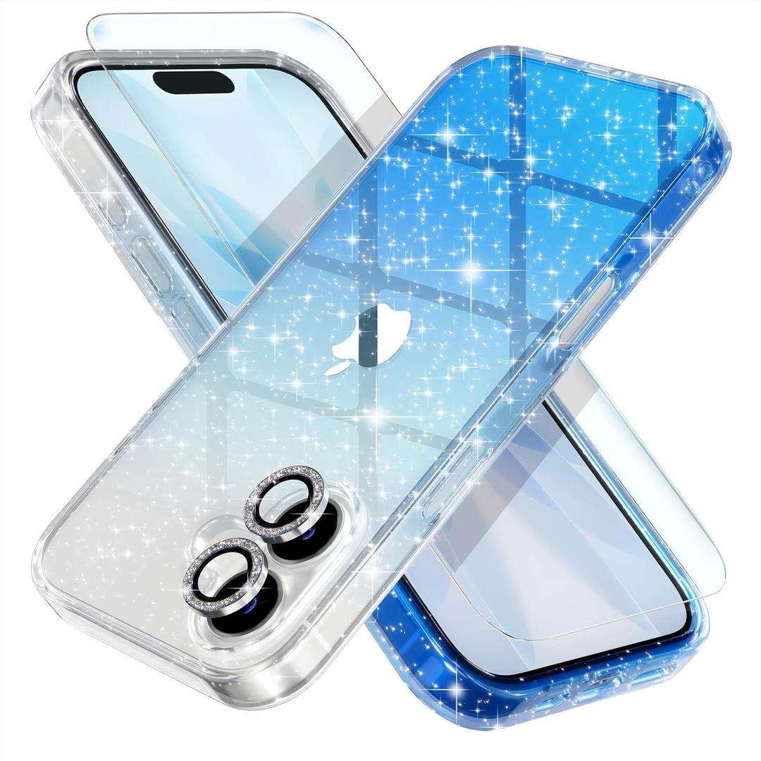 Choiche Compatible for iPhone 17 Case, Women Cute Clear Glitter Bling Sparkly Case, [2 x Diamond Camera Lens Protectors] [2 x Tempered Glass Screen Protectors] 6.3-inch (Glitter Clear/Blue)