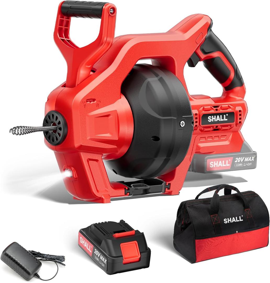 SHALL 20V Cordless Drain Auger with 25Ft Plumbing Drain Snake, Electric Snake Drain Hair Clog Remover W/ 2.0Ah Battery & Fast Charger, Shower Drain Snake for 3/4-2 Sewer Pipe, Sink Toilet Bathroom SHALL 20V Cordless Drain Auger with 25Ft Plumbing Drain Snake, Electric Snake Drain Hair Clog Remover W/ 2.0Ah Battery & Fast Charger, Shower Drain Snake for 3/4-2 Sewer Pipe, Sink Toilet Bathroom