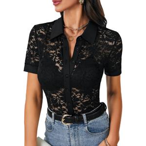 LYANER Women's Lace Tops Button Up Sexy Short Sleeve Shirt Dressy Casual Sheer Top Collared Blouse (Black) XLarge