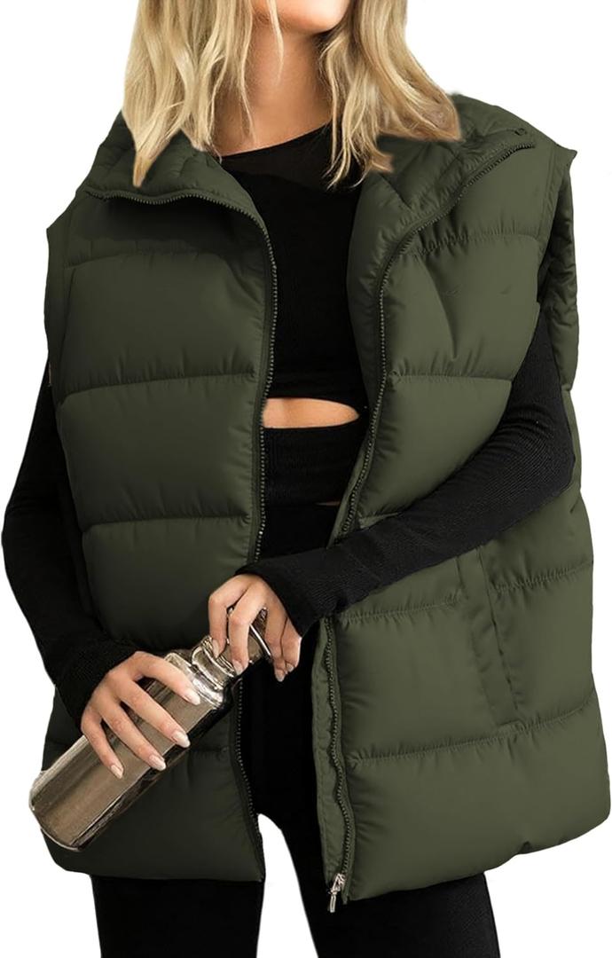 Huaqiao Women's Quilted Puffer Vest Stand Collar Sleeveless Coat Zipper Winter Gilet Jacket (Armygreen)