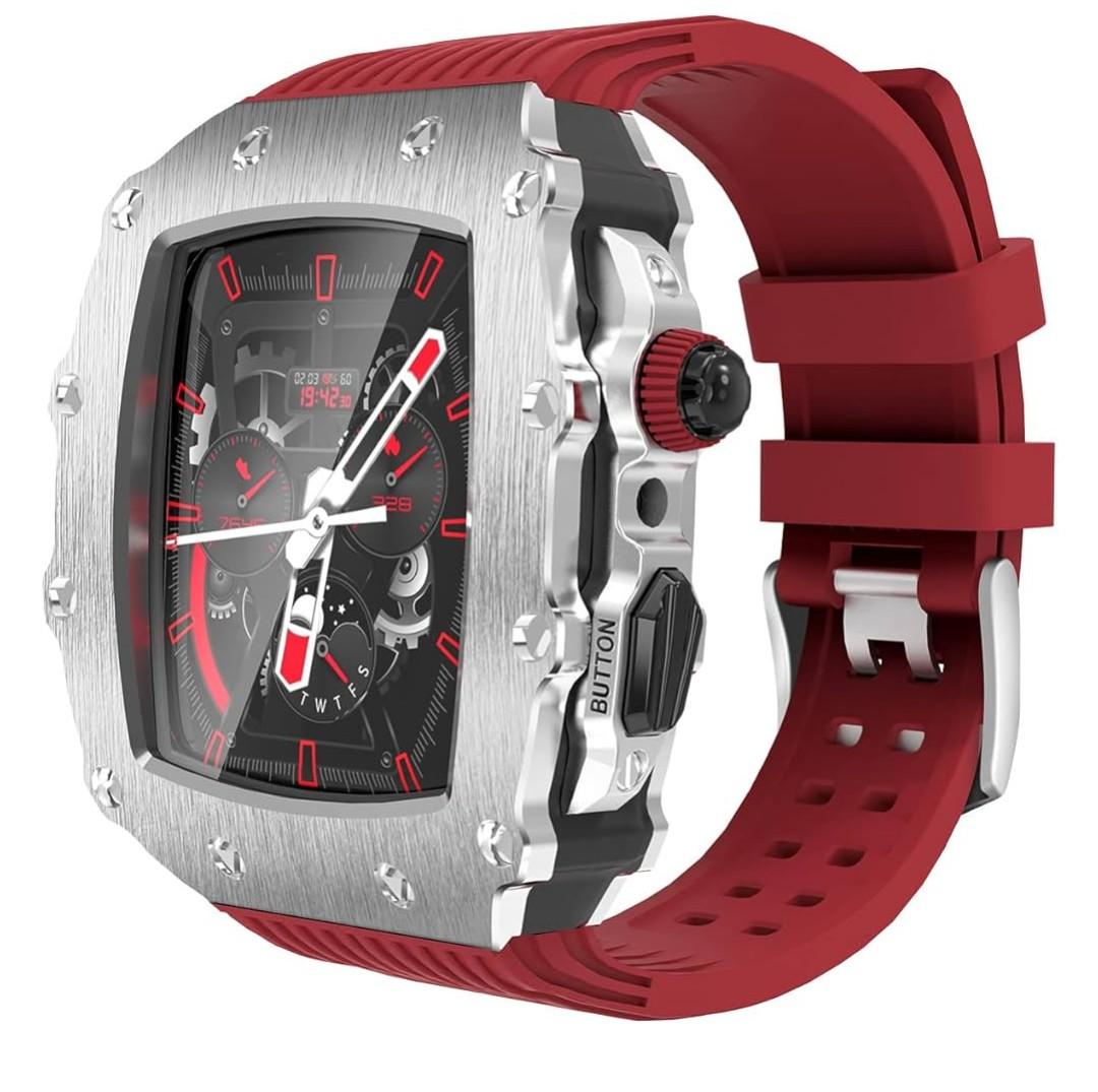 Luxury Case with Band for Apple Watch 9 8/7 45mm SE2/6/5/4/SE 44mm, Bumper Metal Protective Cover for iWatch 45mm 44mm Strap + Screen Protector + Rugged Scratch Resistant Case (45mm/44mm, Silver/Red)