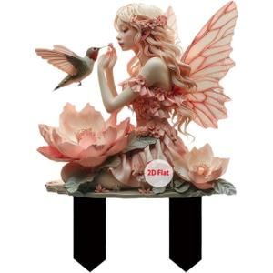 Fairy Garden Stake Decor, 2D Flat Acrylic Fairy Garden Decor Panel, Elf Yard Sign for Outdoor Indoor Yard Lawn Plants Pots, Fairy Yard Accessories (Fairy and Hummingbird)