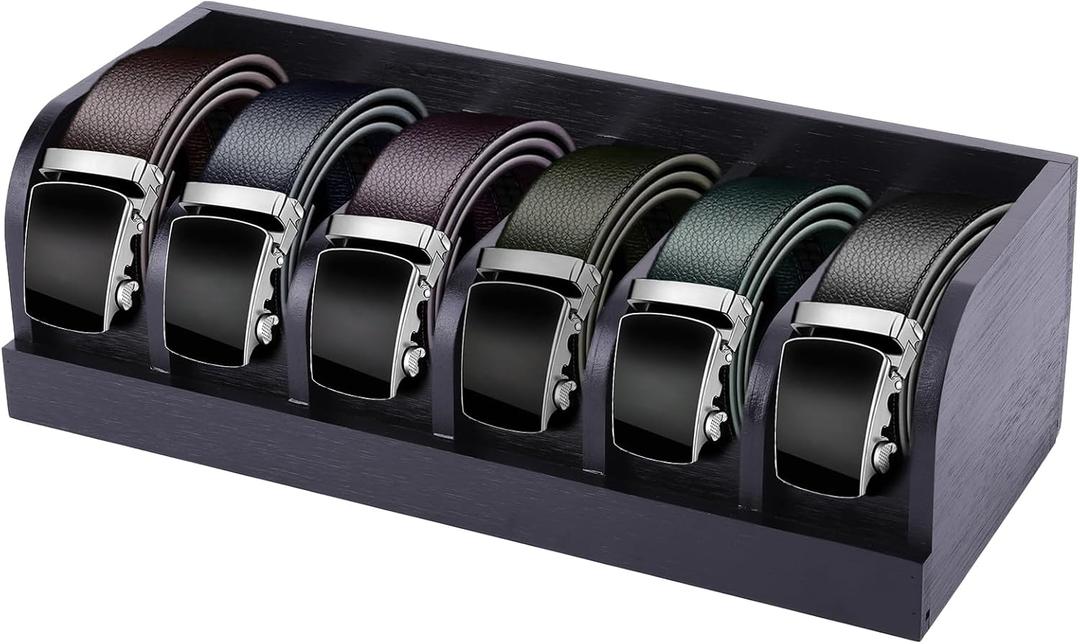 CLBDRESS Bamboo Belt Organizer Box 6 Compartments Belt Organizer for Closet and Drawer, Display Case for Tie and Belt, Belt Storage Organizer for Men Women Home Decor, Christmas/New Year gifts, Black