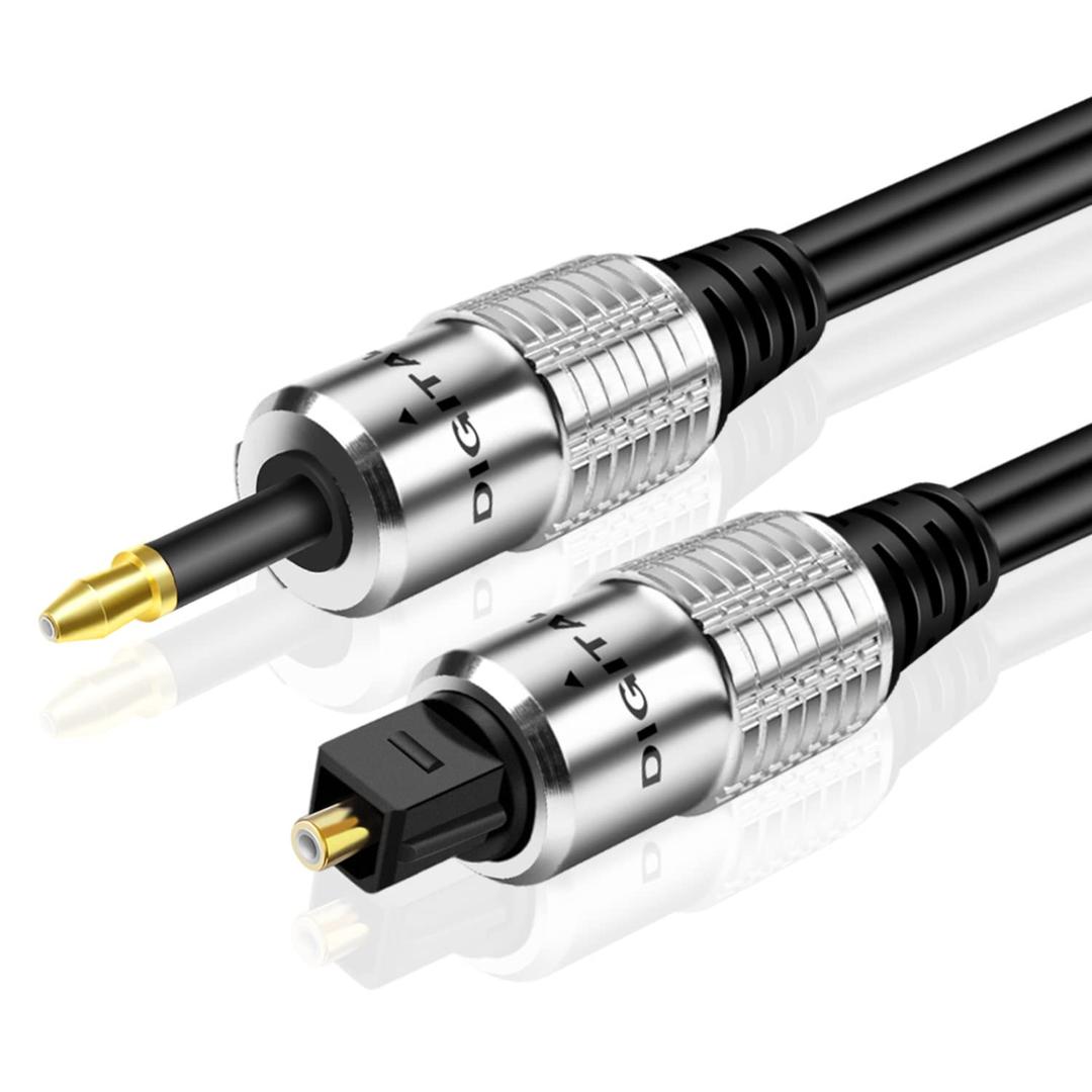 TNP Premium Mini Toslink to Toslink Digital Optical Audio Cable (6 Feet) - Standard Toslink to Mini Toslink Male Plug Connector Adapter Converter Jack Wire Cord
