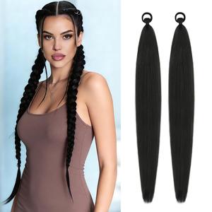 26 Inch Ponytail Extension 2 Pack, Wrap Around Braid Ponytail with Elastic Tie, Long Yaki Straight Sleek Hair Extensions for Women(Black)