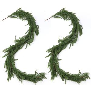 2 Pcs 6FT Artificial Norfolk Pine Garland, Christmas Real Touch Winter Pine Garlands Realistic, Green Greenery Garland for Mantle, Stairs, Fireplace, Wall, Door, Table, Indoor Holiday Xmas Decorations