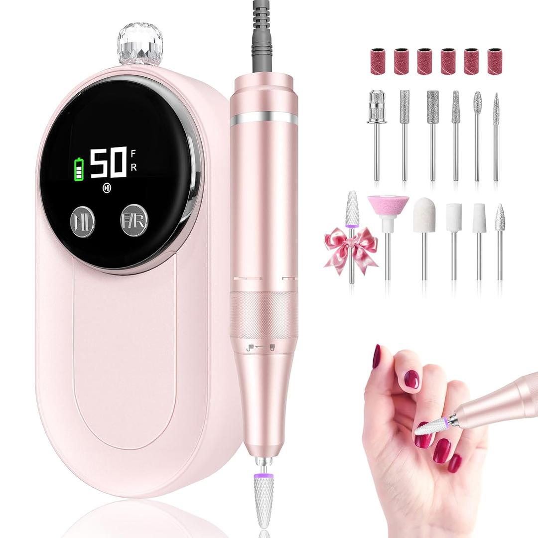 Nail Drill Professional, 50000RPM Rechargeable Cordless Electric Nail Kit with Bits & Anti-Slip Pad, Portable for Acrylic/Gel Removal & Faster Shaping, Manicure & Pedicure at Home or Salon (Pastel Pink)