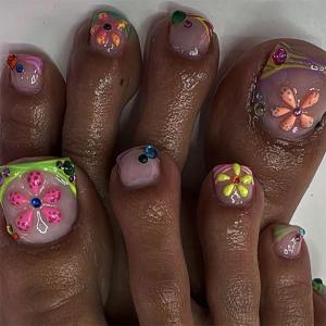 3 x Press on Toenails Short Square - Colorful Flower Rhinestone Fake Toe Nails, Summer 3D Glue on Toenails for Women, Reusable Acrylic False Toe Nails for Beach Vacation 12 Sizes - 24 Pcs