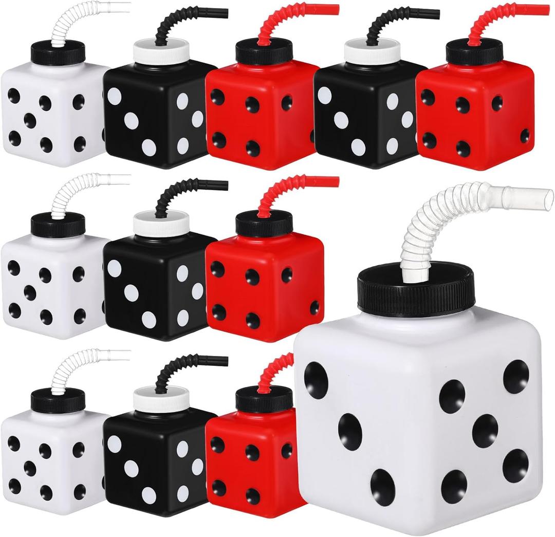 Yaomiao 12 Pieces Casino Theme Cups with Straws and Lids,10 oz Plastic Dice Shape Casino Night Party Decoration Cups Bulk for Game Night Kids Theme Favors(Dice)
