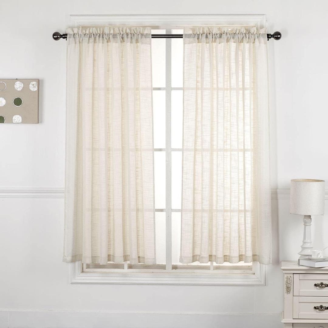 2 Piece Solid Elegant Linen Look Curtains Fully Stitched Panels Window Treatment Drapes (52" X 63" Long, Beige)