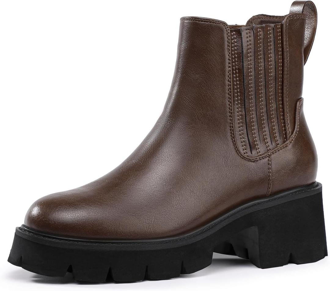 IDIFU IN2 Women's Chelsea Boots Platform Low Block Chunky Heeled Ankle Boots Round Toe Lug Sole Slip On Dress Boots Fall Work Dressy Comfortable Fashion Casual Short Booties Shoes (7.5, Brown Pu)