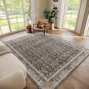 Washable Area Rugs for Living Room, Boho Non-Slip Vintage Distress Large Rugs for Bedroom Dining Room Office, Neutral Oriental Throw Thin Carpet, Black/Brown/Multi