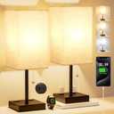 Table Lamps for Bedroom Set of 2 Nightstand - 17.4In Tall, 3 Color Bedside Lamps with AC Outlets and USB A & C for Charging, Square Night Stand light Lamp, End Table Lamp for Living Room/Dorm/Office (Cream)