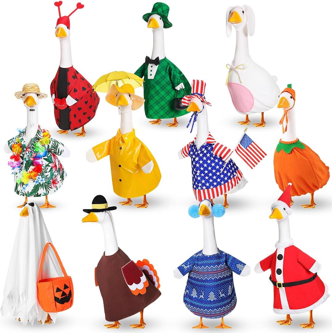 11 Set Holiday Porch Goose Outfits All Seasons Goose Clothes Umbrella Easter Statue Costume for Patio Lawn Outdoor