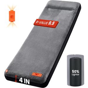 Self Inflating Sleeping Pad with Electric Pump, 4" Ultra-Thick Foam Sleeping Mats for Camping with Built-in Pillow, 9.5 R-Value 4 Season Camping Mattress Pad for Cot Truck Car Home