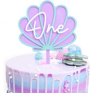 Seashell One Cake Topper - Ocean Mermaid 1st Birthday Decorations,Under the Sea Mermaid Party Photo Props,Purple Scallop Acrylic Cake Topper,First Summer Shell Birthday Beach Party Supplies