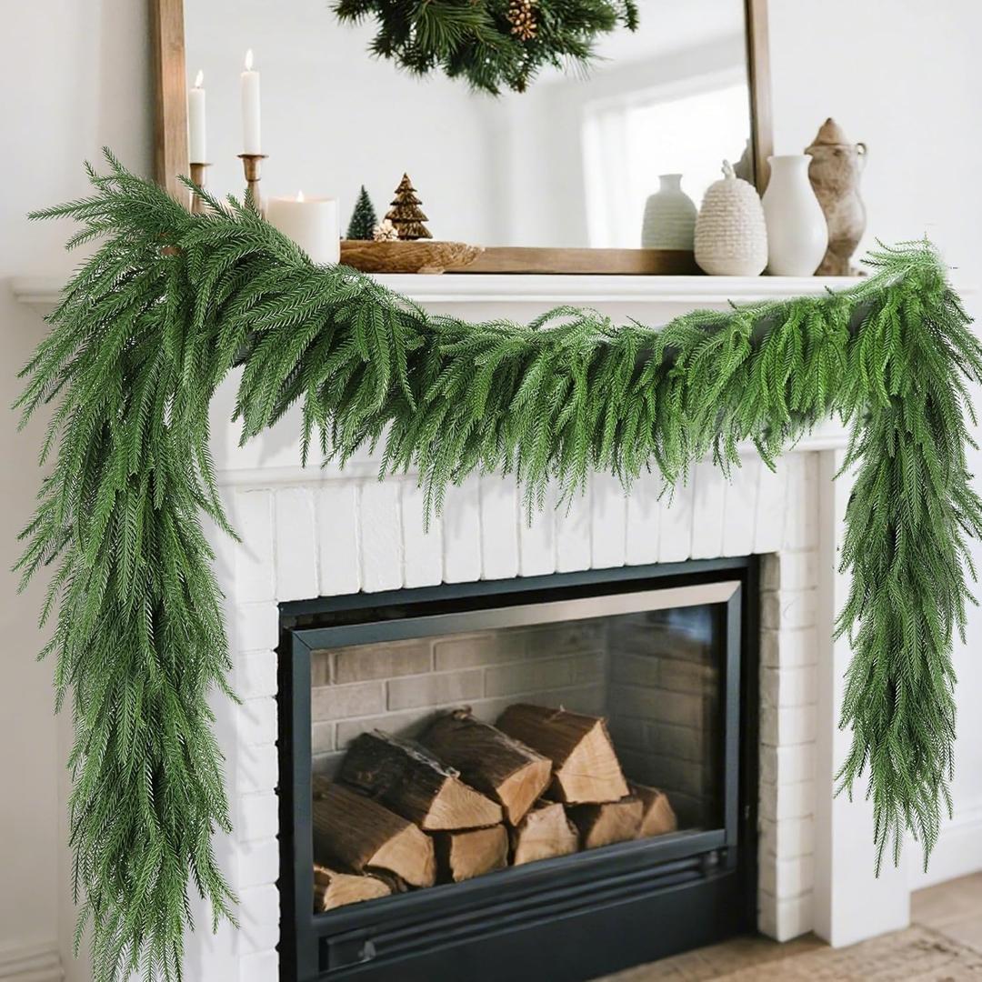 DR.DUDU 9FT Real Touch Norfolk Pine Garland, Christmas Artificial Greenery Garlands for Mantle Fireplace Stairs - Indoor Outdoor Xmas Decorations