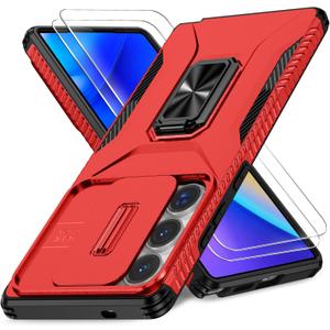 Case for Samsung Galaxy S25 Ultra with Slide Camera Cover+Screen Protector(2 Packs), Military Grade Shockproof Protective Cover, Rotated Ring Kickstand(A - Red)