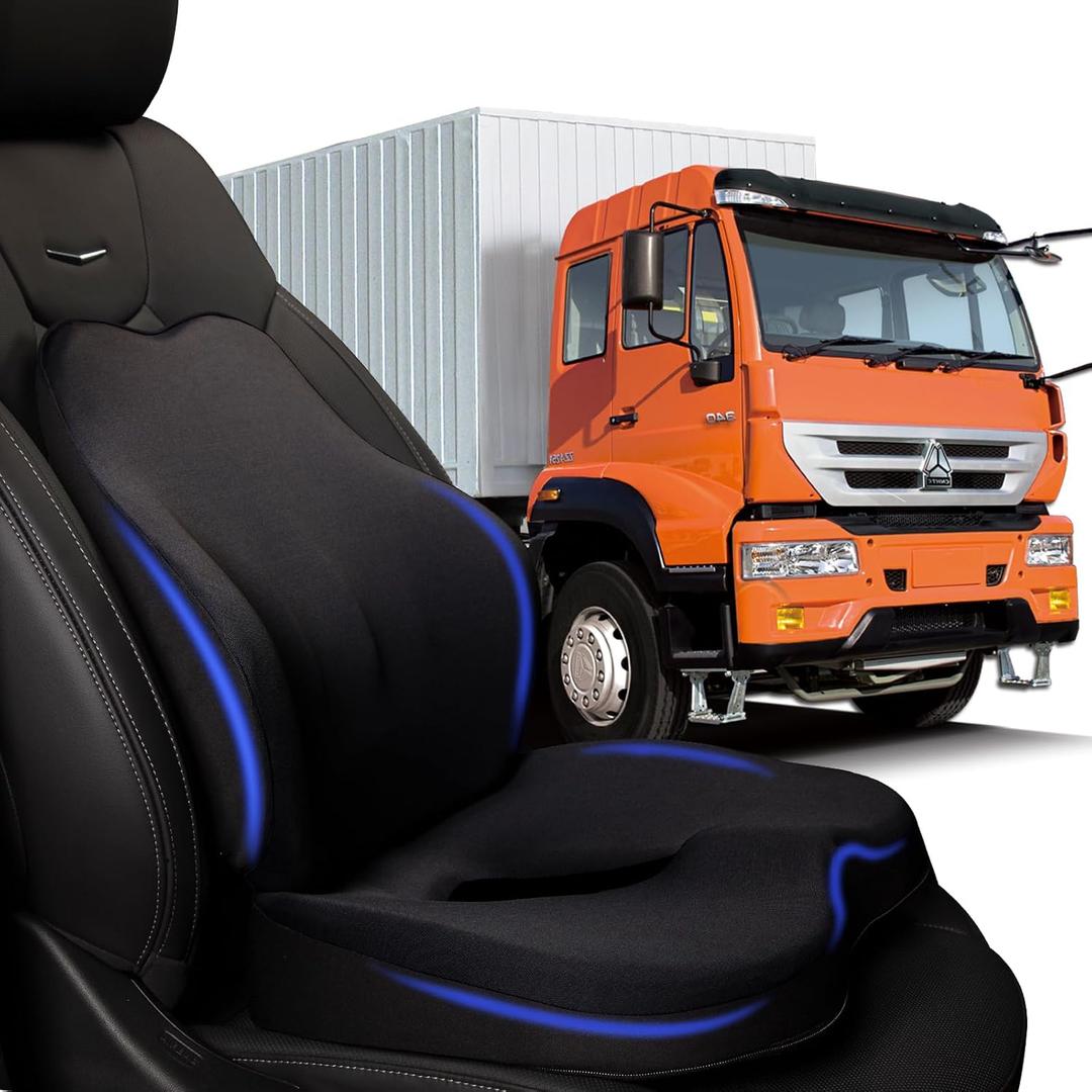 MINUPWELL Truck Seat Cushion, 2PC 100% Memory Foam Seat Cushion for Truck Driver, with Back Support, Semi Truck Accessories for Men -Seat cushion-18x14.5x3.5in, Lumbar Cushion-16.5x15.4x5