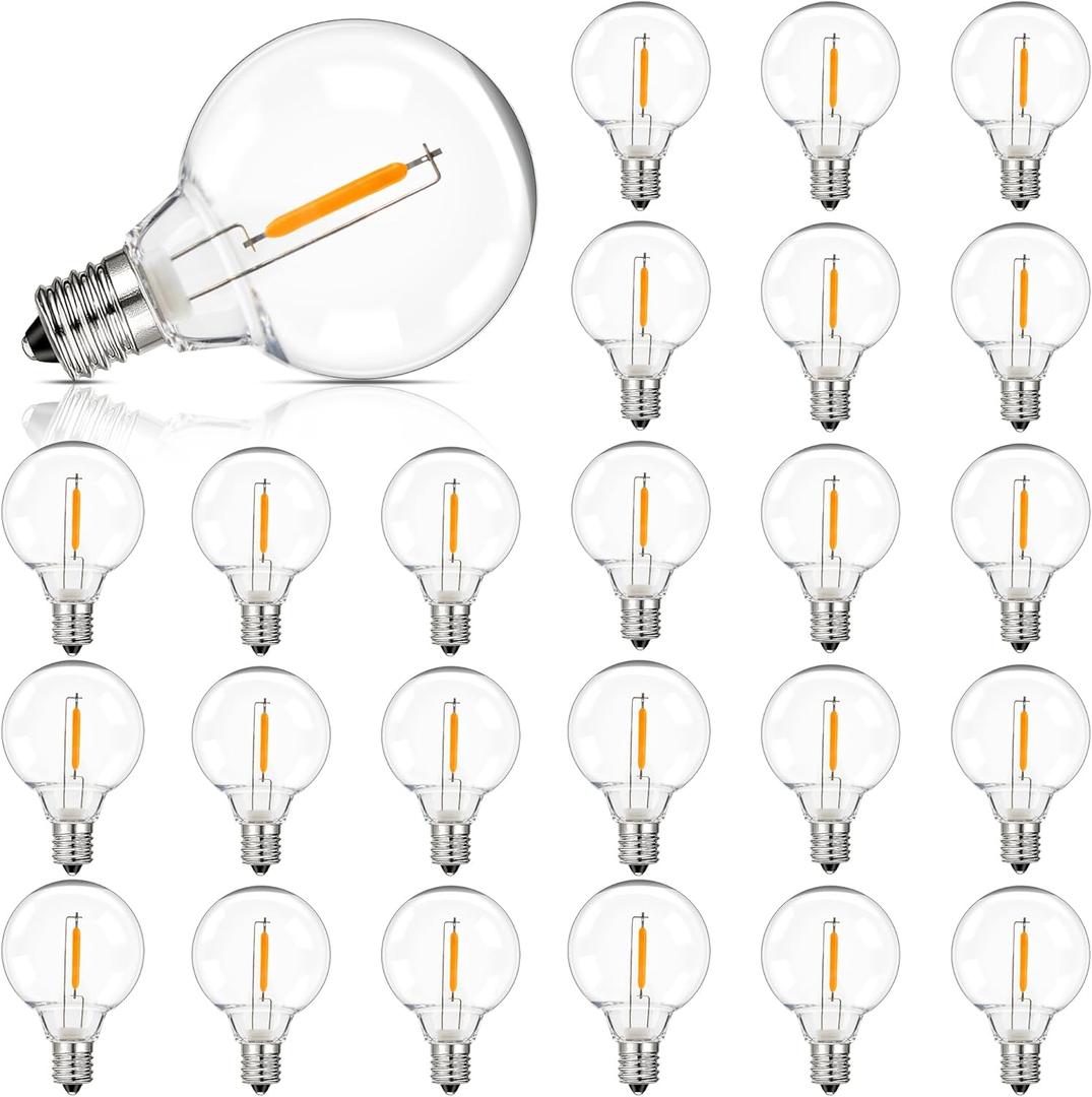 G40 LED Solar Replacement Bulbs,1W Equal to 5W, Plastic E12 Screw Base Shatterproof & Waterproof Globe Bulbs Light for Outdoor String Lights,Patio Cafe Bistro Decor, DC 3V,2700K Warm White,25 Pack