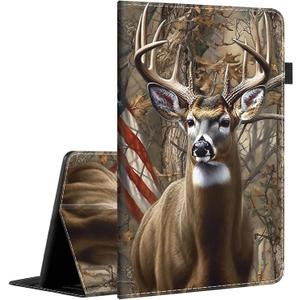Case Fits Amazon Kindle Fire HD 8 & 8 Plus Tablet (12th Generation/10th Generation, 2022/2020 Release) 8, Multi-Angle Smart Stand Cover Auto Sleep/WakeCamouflage Deer American Flag