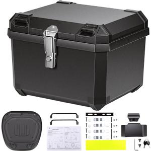 KEMIMOTO Motorcycle Top Case 56L, Universal Plastic Motorbike Trunk with Lining, Waterproof Detachable Motorcycle Top Box with Lock & Back Cushion (Black)