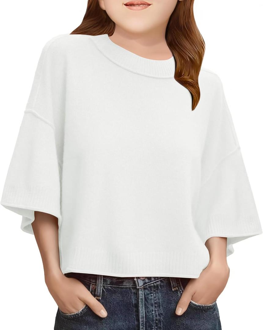 Girls Short Sleeve Sweater Kids Summer Oversized Cropped Sweaters Casual Crewneck Lightweight Knit Tops 5-14Y (11-12 Years, White)