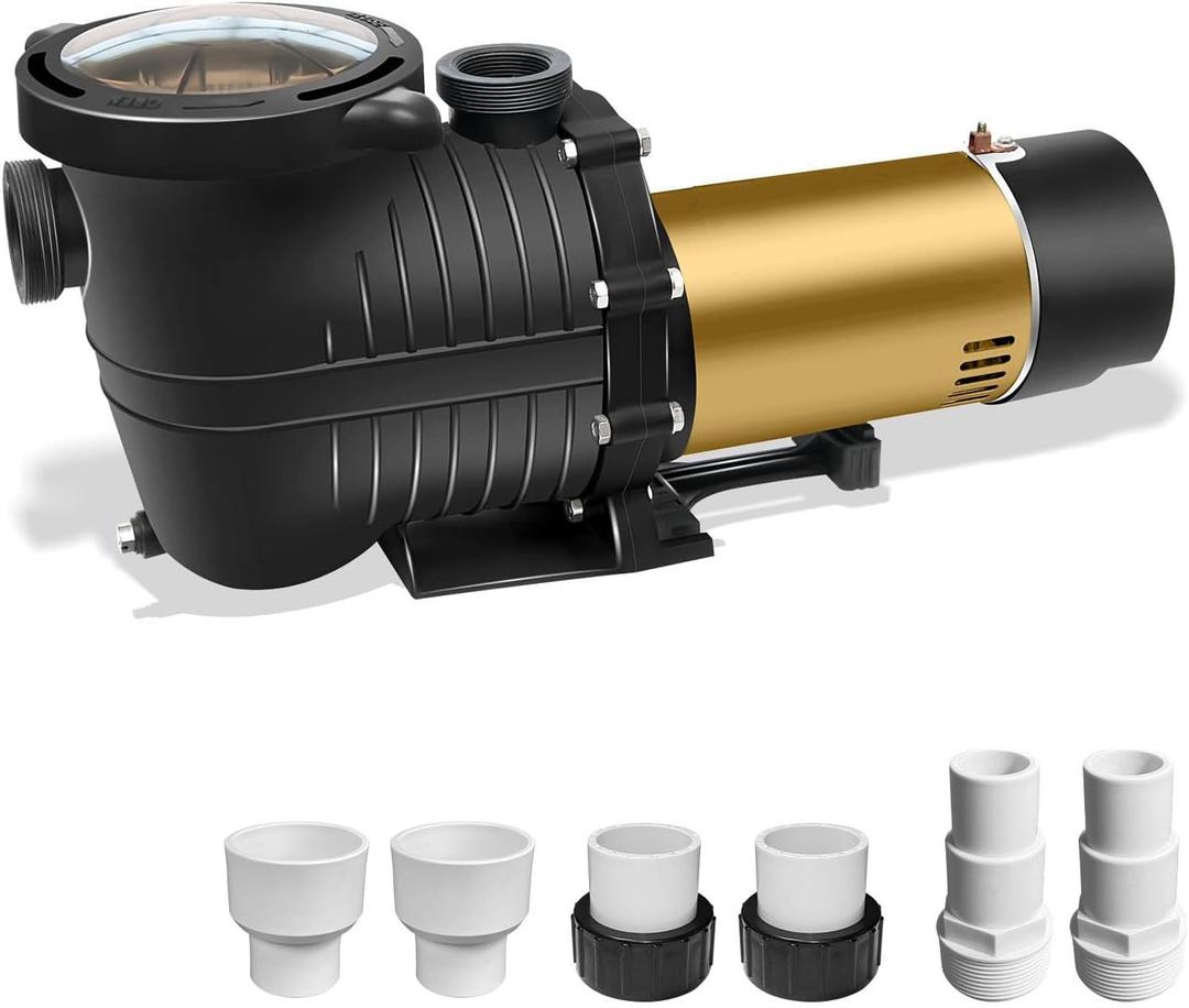 Pool Pump, 1.5HP Energy-Saving Two-Speed, 115V, for in/above-ground pools. 5400 GPH high flow, self-priming, includes 6.6 ft power cord and 1.25", 1.5" & 2" unions.