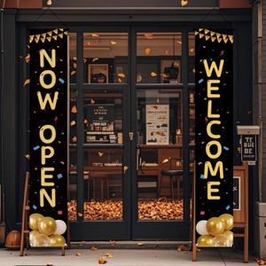 Grand Opening Porch Sign Banner,Now Open Door Decorative Hanging Banner, New Store Advertising Decorations for Shop Garden Outdoor Ceremony Business Supplies Restaurant Grocery Cafes Shop (Black Gold 1)