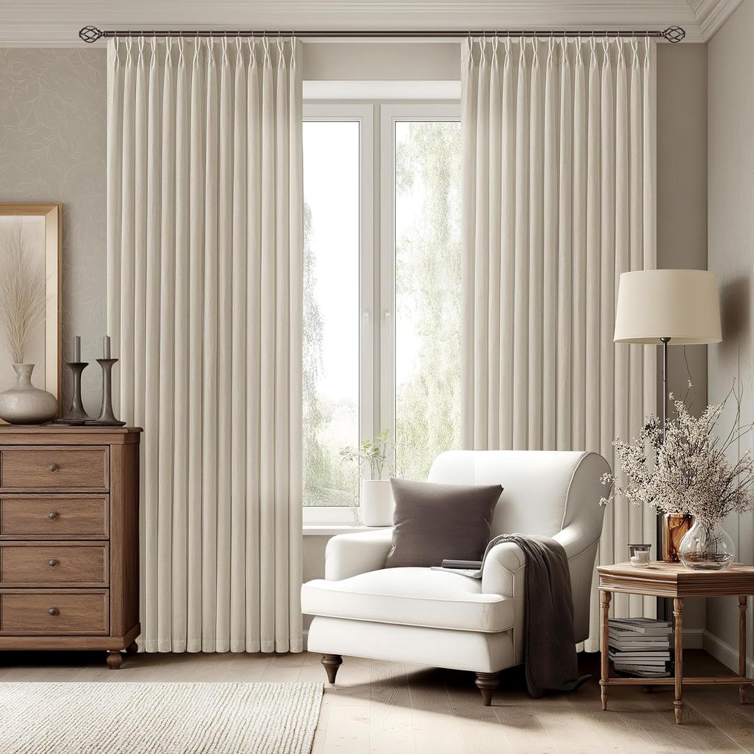 Linen Curtains 108 Inches long Pinch Pleated for Living Room 2 Panels Set Beige Tan Oatmeal Pleat Drapes Back Tab Semi Sheer Neutral Boho Ceiling to Floor 108 Inch Curtains for Bedroom Window 9 FT