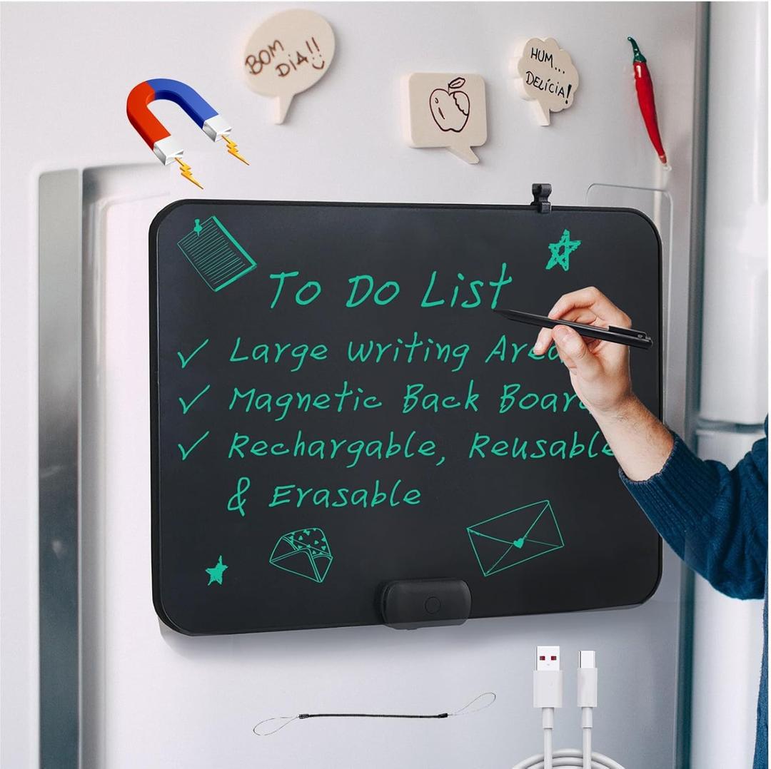 ROYALITA 20-Inch LCD Writing Tablet for Kids & Adults, Large Rechargeable Writing Board Note Board for Fridge, Built-in Magnets & Instant Erase, Dry-Erase & Sticky Note Alternative for Home & Office (Black)