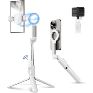 Magnetic Phone Tripod Selfie Stick, 40.9" Extendable Cell Phone Tripod Stand for iPhone 16 15 14 13 12 MagSafe Phone Case with Phone Clamp & Wireless Remote for Selfie Vlogging Video Recording-White