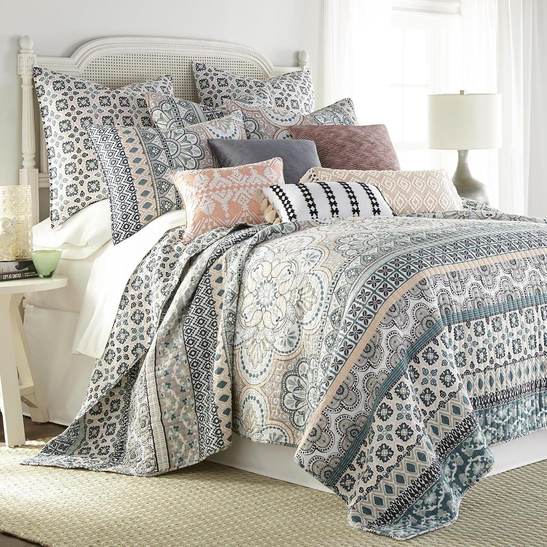 Levtex Home Addie King Quilt Set, Floral, 100% Cotton, White, Teal, Blush, Grey
