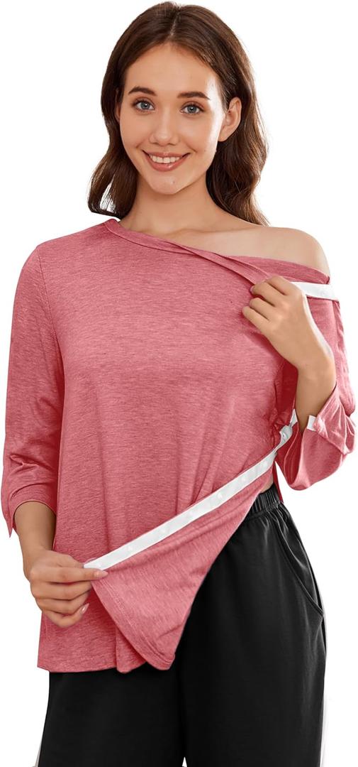 Deyeek Post Shoulder Surgery Shirts for Women Tear Away 3/4 Tops After Rotator Cuff Shirts Chemo Port Adaptive Clothing (Large, Purple Red)