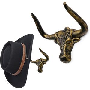 Cowboy Hat Rack for Wall 2 Pack Animal Head Metal Cowboy Hat Holder Cast Iron Hat Hanger Western Longhorn Hooks Storage Gold Wall Decor for Closet Bedroom Living Room Men's Gift (2 Pack, Antique Gold)