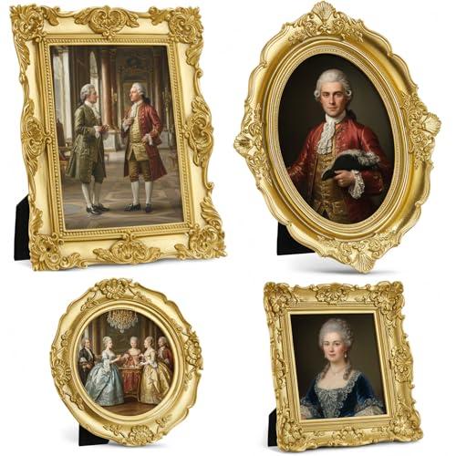Beeveer 4 Pcs Vintage Picture Frames 5x7 4x6 4x4 inch Baroque Gold Resin Photo Frames with Glass Front Ornate Wall Hanging and Tabletop Display for Retro Home Decoration Wedding Gallery Hotel(Floral)