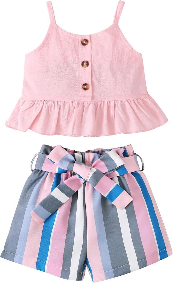 Kucnuzki Toddler Baby Girl Clothes Summer Outfits Ruffle Sleeveless Linen Shirt Kid Short Set for Girl