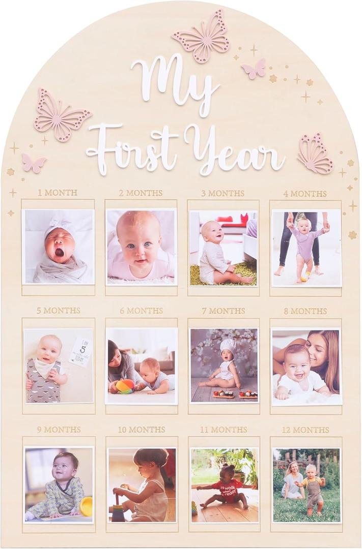 YOUAME My First Year Birthday Wooden Photo Board - Butterfly Themed First Year Milestone Photo Board, 12 Months Baby Girl Birthday Picture Wood Frame, Girls Pink Birthday Party Decorations