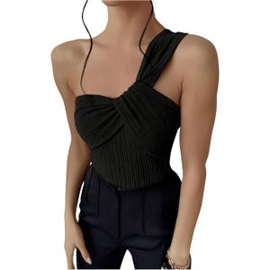 OYOANGLE Women's Textured One Shoulder Going Out Bodysuit Tops Twist Front Ruched Sleeveless Tank Top Body Suits, Medium