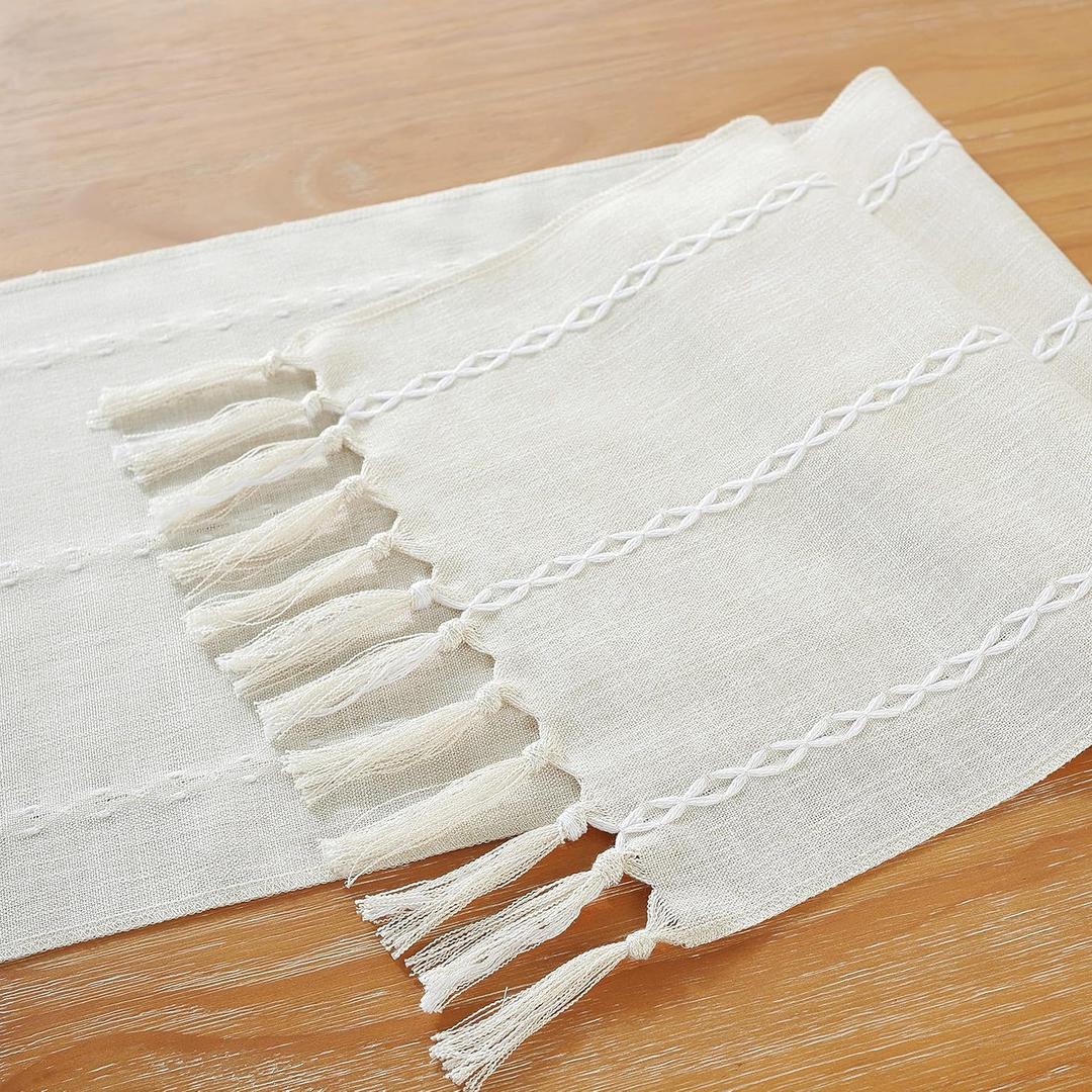 JIALE Rustic Farmhouse Table Runner with Tassels, Embroidered Cotton Linen Table Runner 36 Inches Long, Linen Boho Table Runners for Table Decorations, Holiday Party and Wedding, 13x36 Inches, Ivory