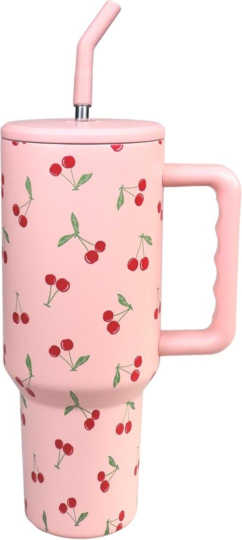 Cherry Tumbler with Straw and Lid Vacuum Insulated 40oz Pink Stainless Steel Cup Gifts for Women Birthday Present Cherry Water Bottle Coffee Cup for Home or Travel