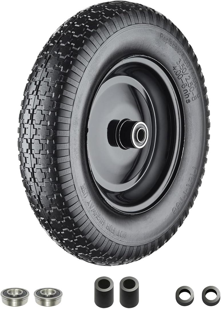 Wheelbarrow Tires 4.80.4.00-8 Flat Free, 14.5" Solid Tire and Wheel, Fit 4.80/4.00-8, 3.50/3.50-8, 4.00-6 Wheelbarrow Wheels, with 3" Centered Hub, 5/8" or 3/4" Bearings and Adapter Kit