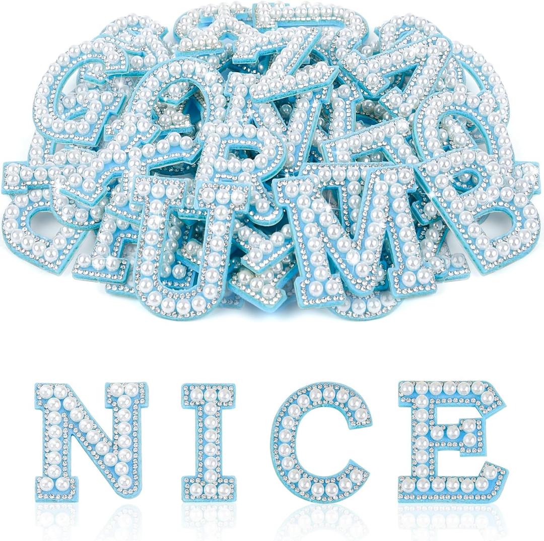 ASTARON 26 Pcs Self Adhesive Letter Patches Pearl Rhinestone Letter Stickers, Glitter Rhinestone Letters A-Z Embroidered Applique Patches Alphabet Cloth Patch for Clothes, Bags, Hat, Phone Case, DIY (1.8 inches, Blue)