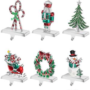 Christmas Stocking Holders for Mantle Set of 6, Snowman Xmas Tree Nutcracker Candy Cane Sleigh Wreath Standing Stocking Hangers, Weighted Metal Christmas Decorations for Fireplace, Shelf, Staircases