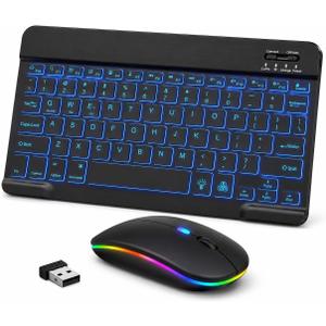 Rechargeable Bluetooth Keyboard Mouse Combo, 10 Inch Keyboard with Backlit, Silent Keys and Wireless Mouse for iPad, Tablet, Laptop and PC